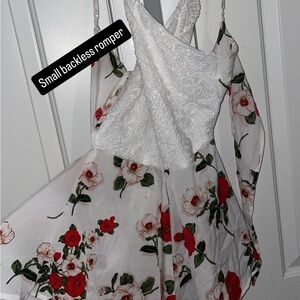 Floral White and Red Backless Romper